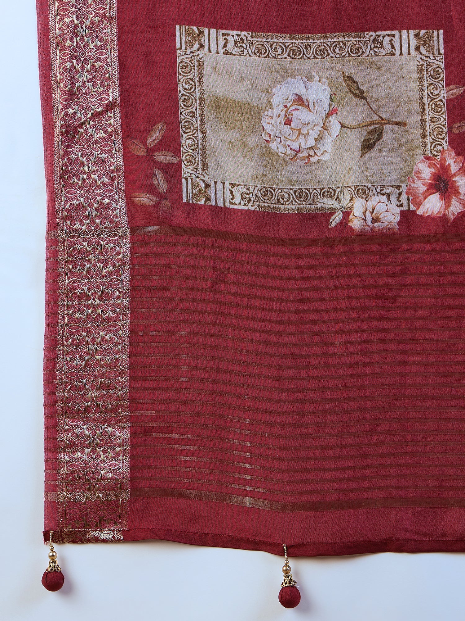 Maroon Viscose Silk Kalamkari Style Patch Prints Saree - Ressa
