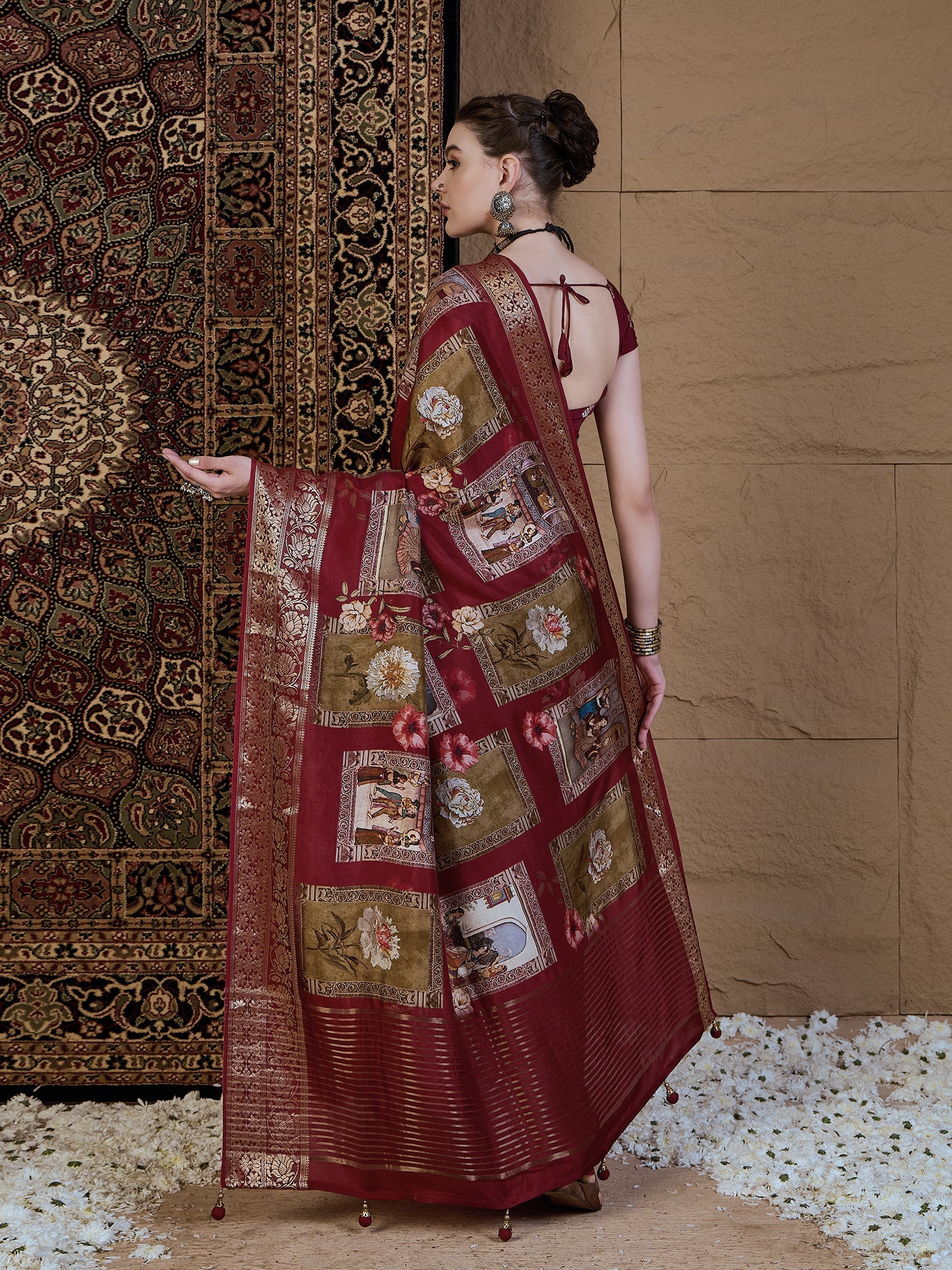 Maroon Viscose Silk Kalamkari Style Patch Prints Saree - Ressa