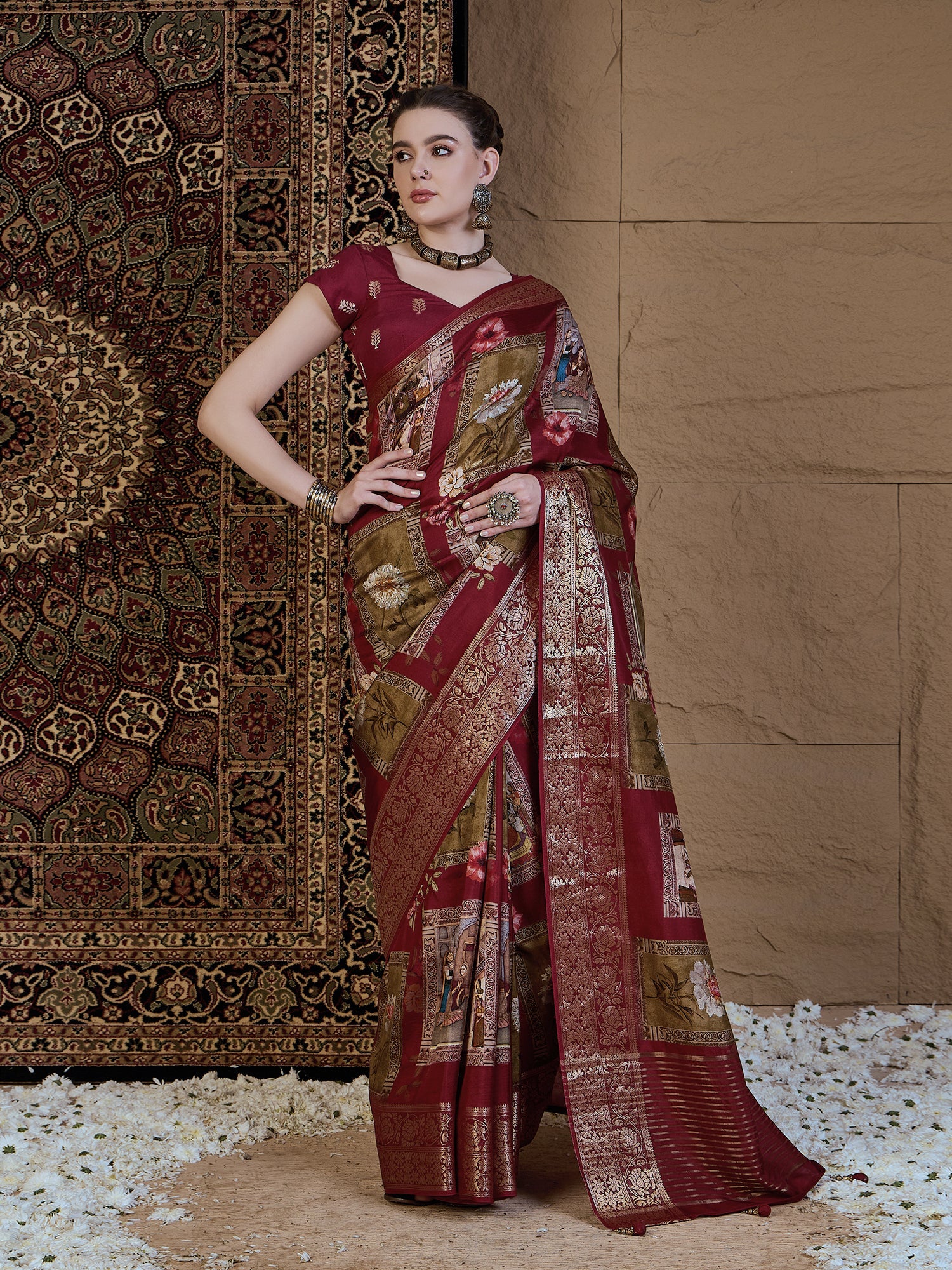 Maroon Viscose Silk Kalamkari Style Patch Prints Saree - Ressa