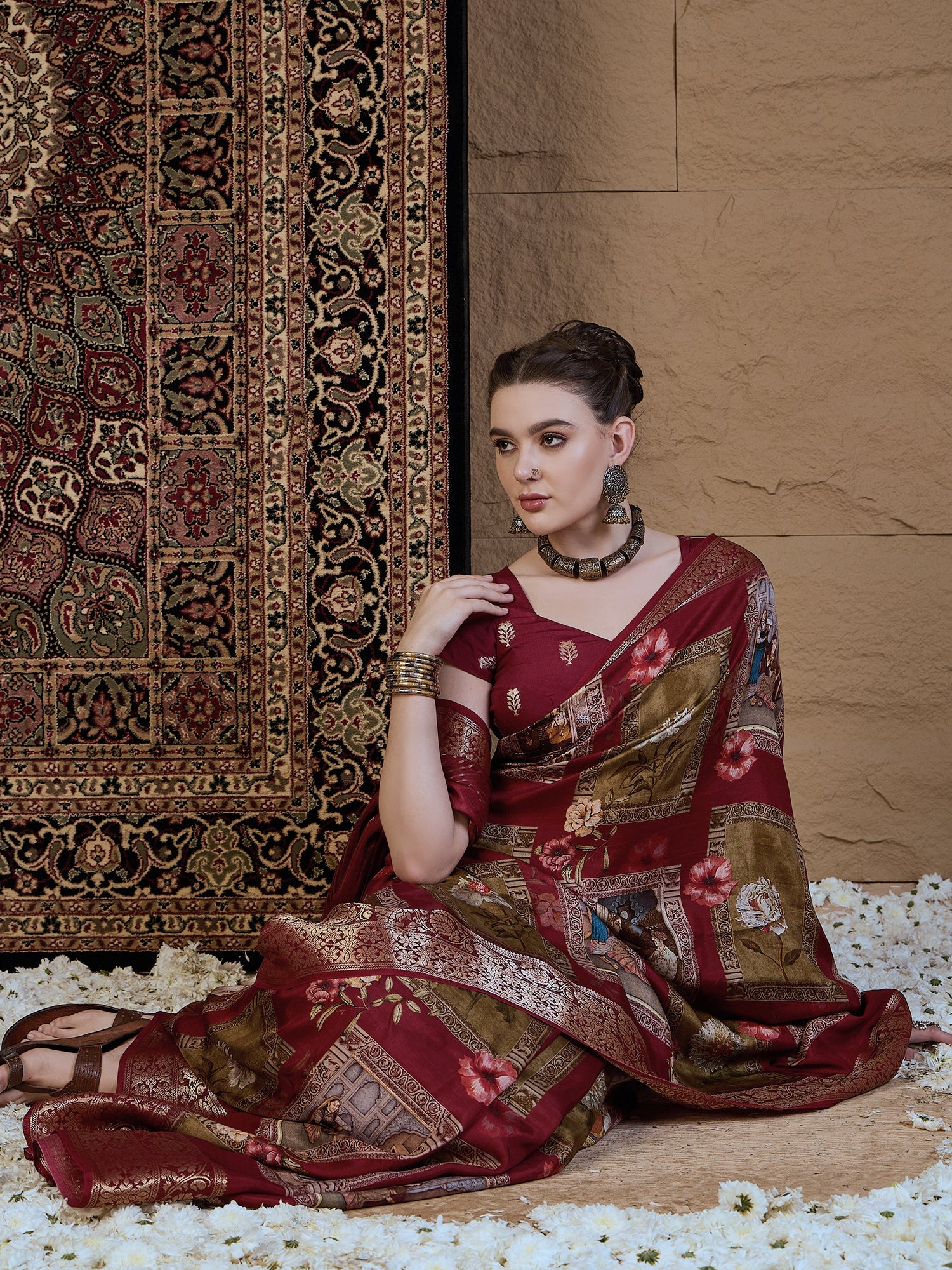 Maroon Viscose Silk Kalamkari Style Patch Prints Saree - Ressa