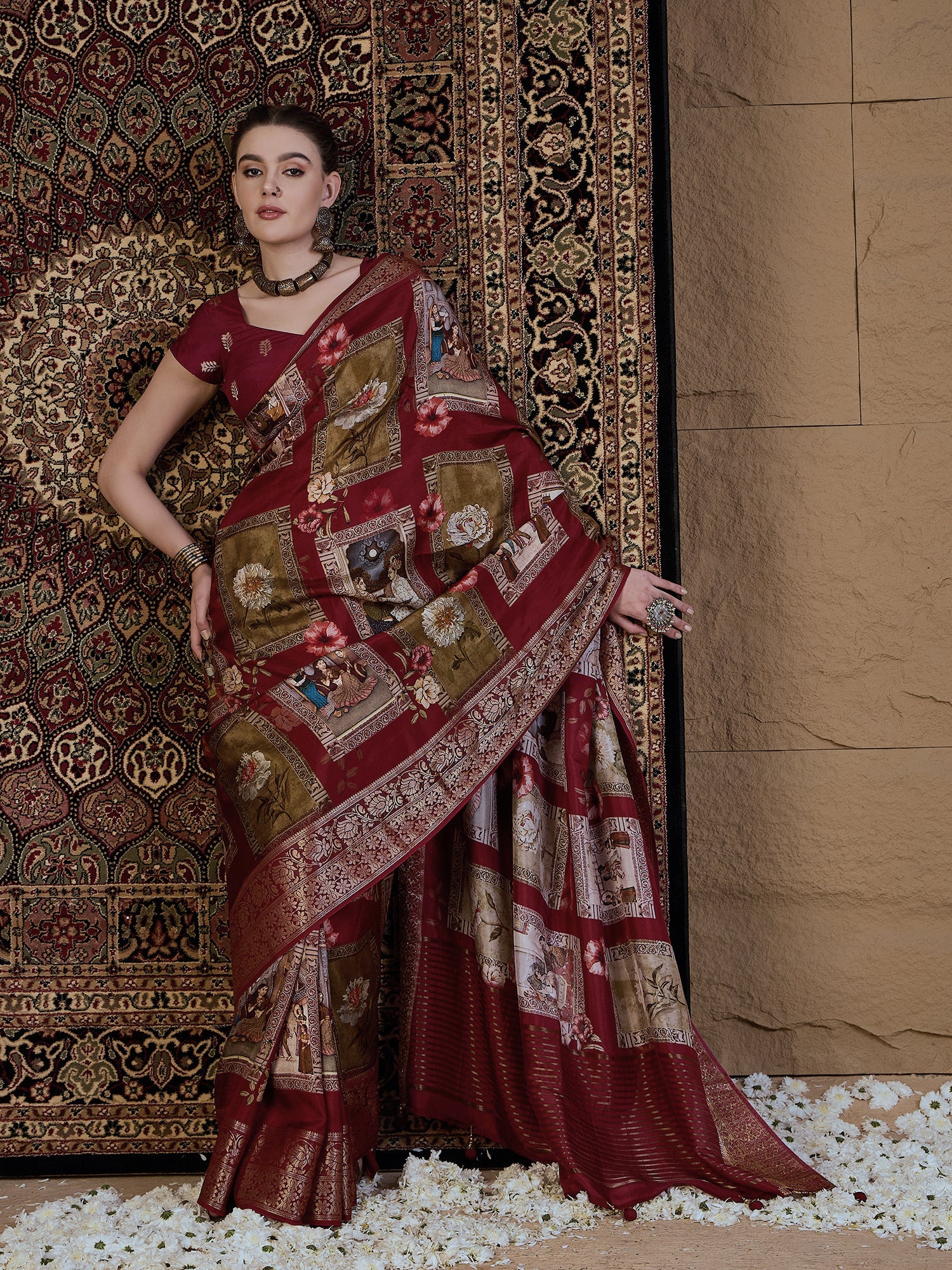 Maroon Viscose Silk Kalamkari Style Patch Prints Saree - Ressa