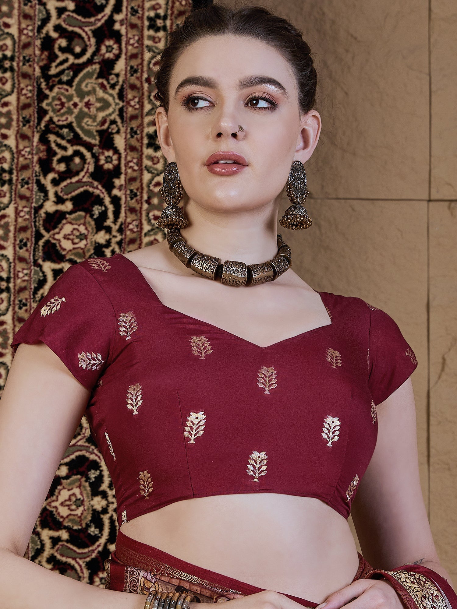 Maroon Viscose Silk Kalamkari Style Patch Prints Saree - Ressa