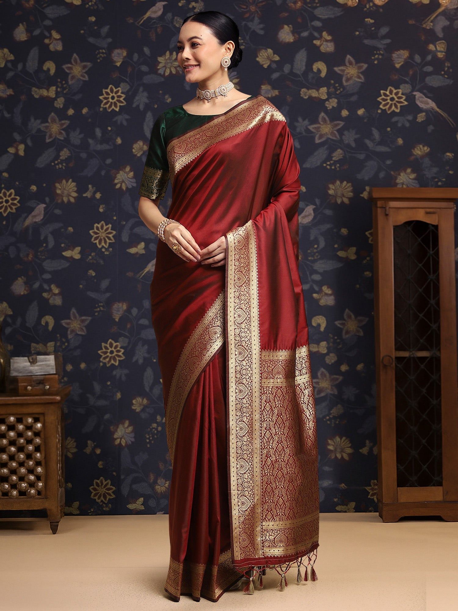 Marron Silk Banarasi Saree - Ressa