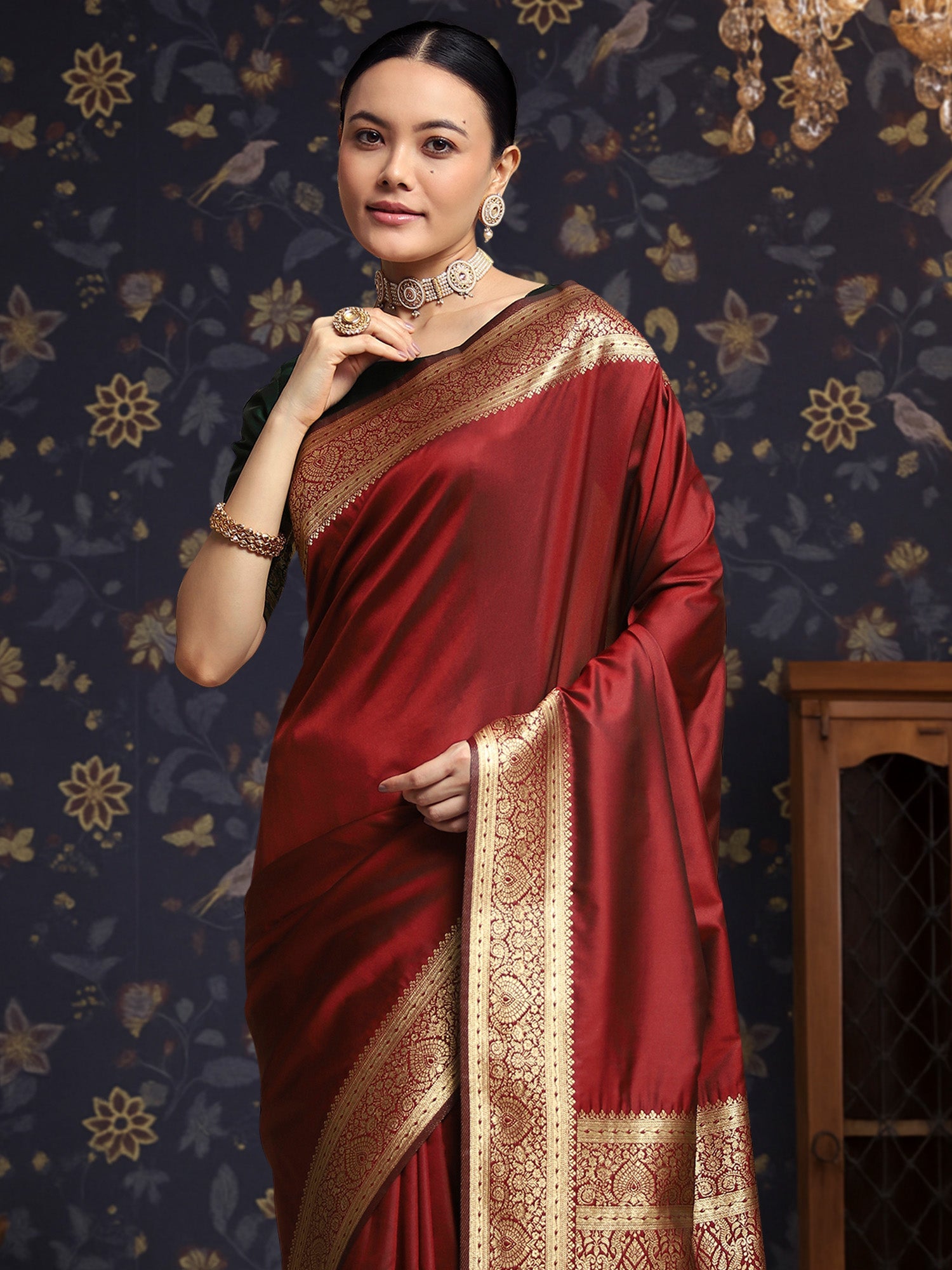 Marron Silk Banarasi Saree - Ressa