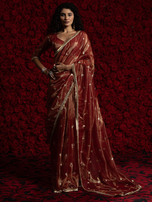 Matallic Orange Super Net Saree - Ressa