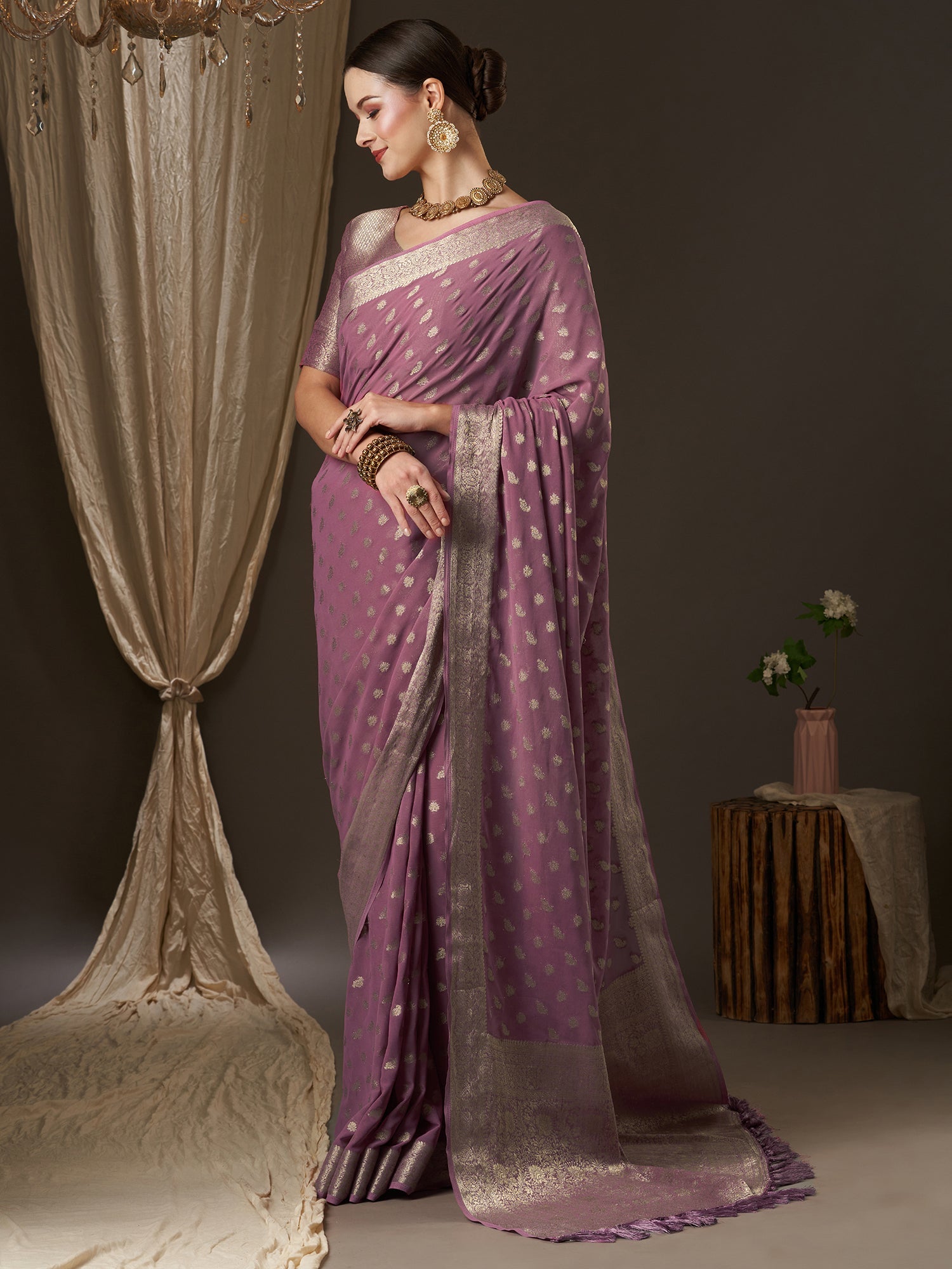Mauve Floral Georgette Saree with Jari Border - Ressa