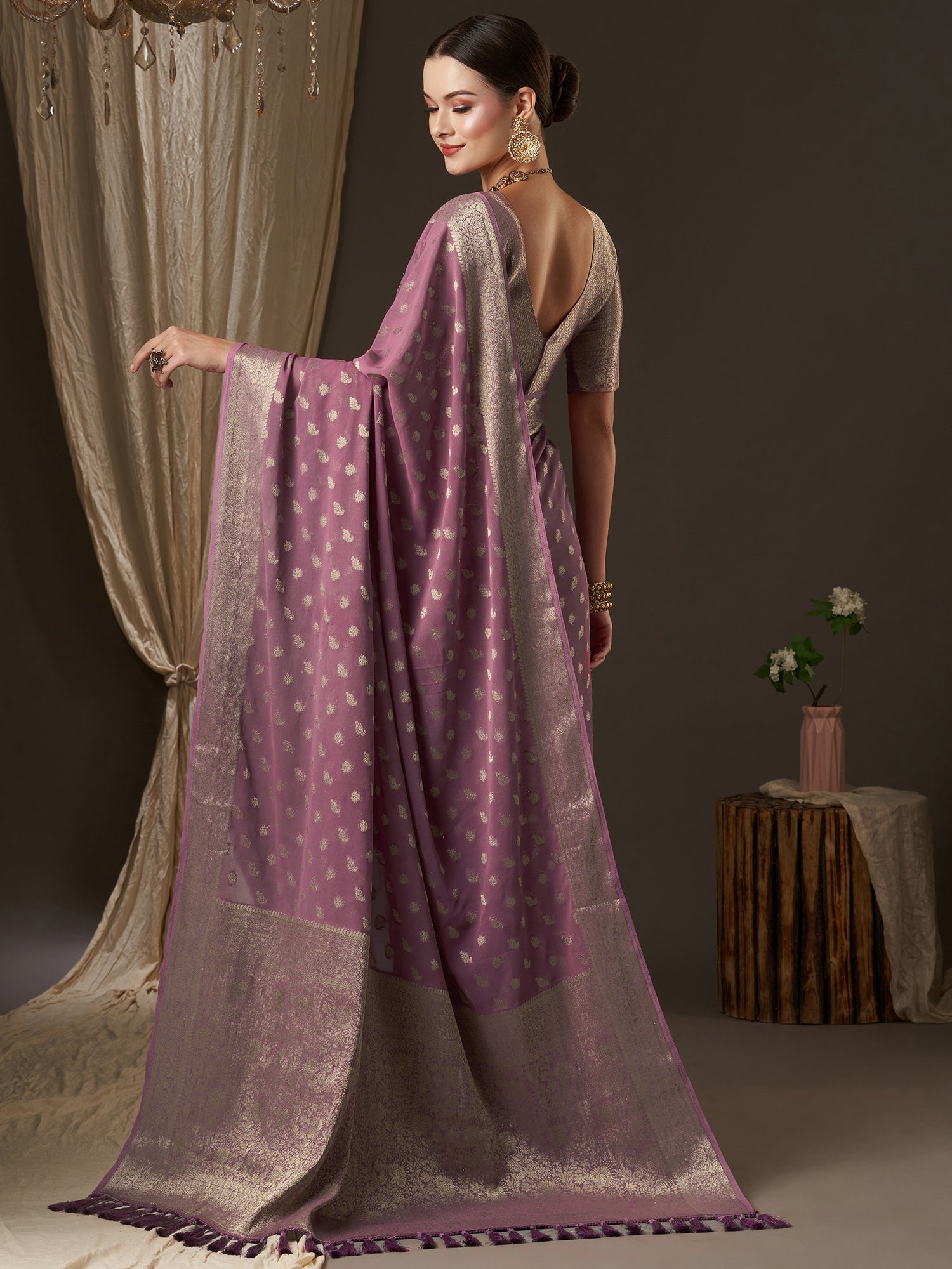 Mauve Floral Georgette Saree with Jari Border - Ressa