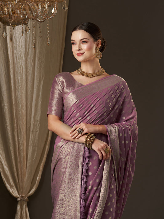 Mauve Floral Georgette Saree with Jari Border - Ressa