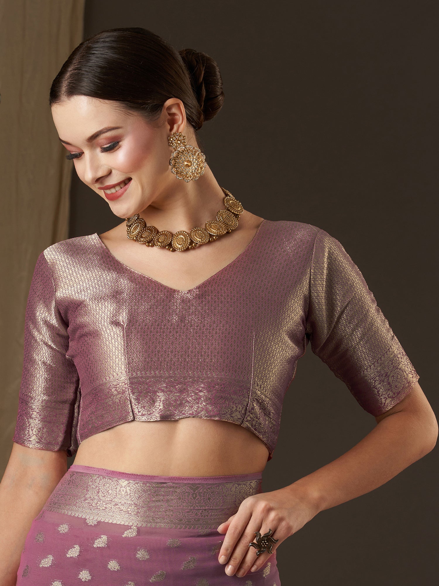 Mauve Floral Georgette Saree with Jari Border - Ressa