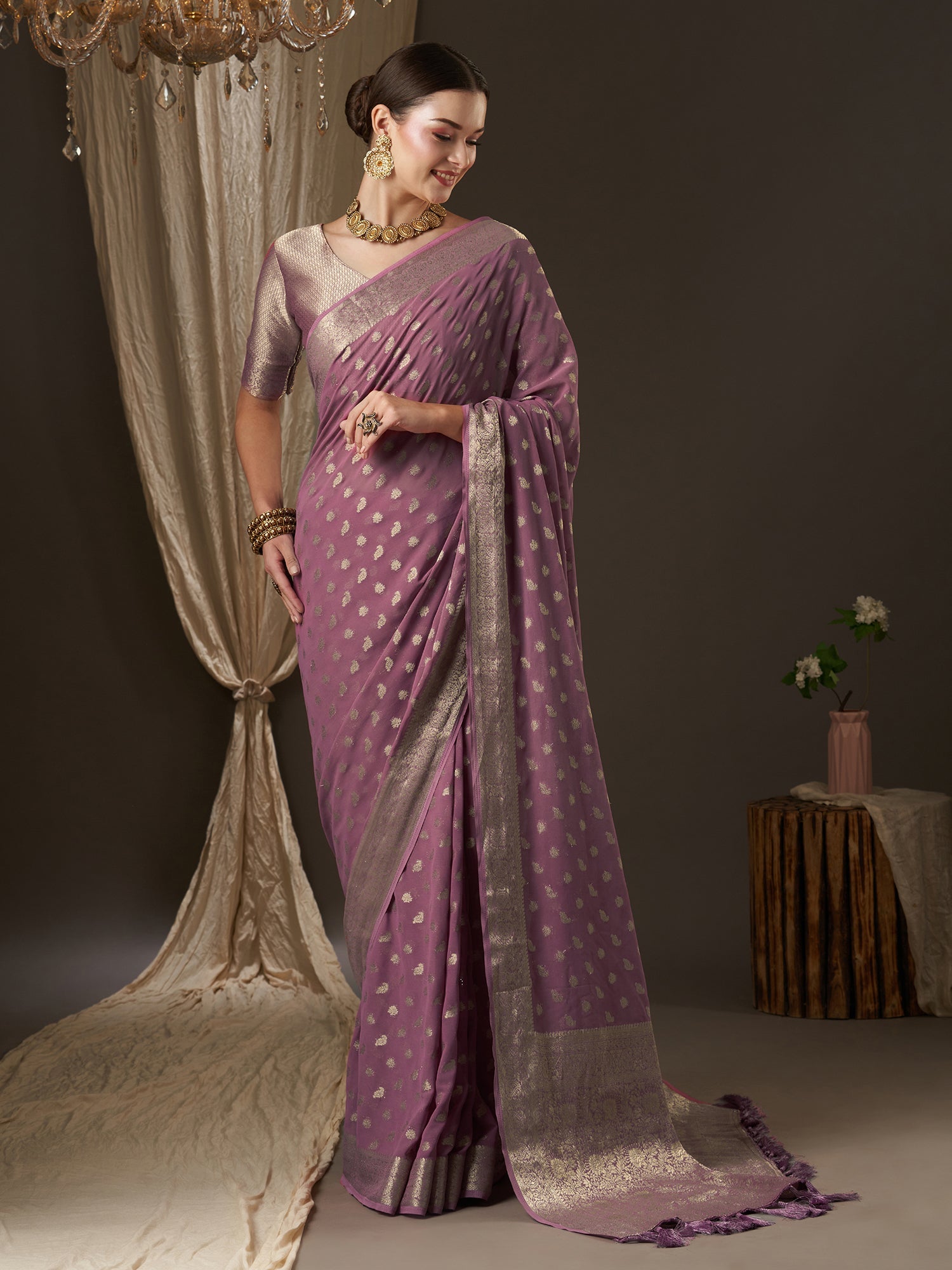 Mauve Floral Georgette Saree with Jari Border - Ressa