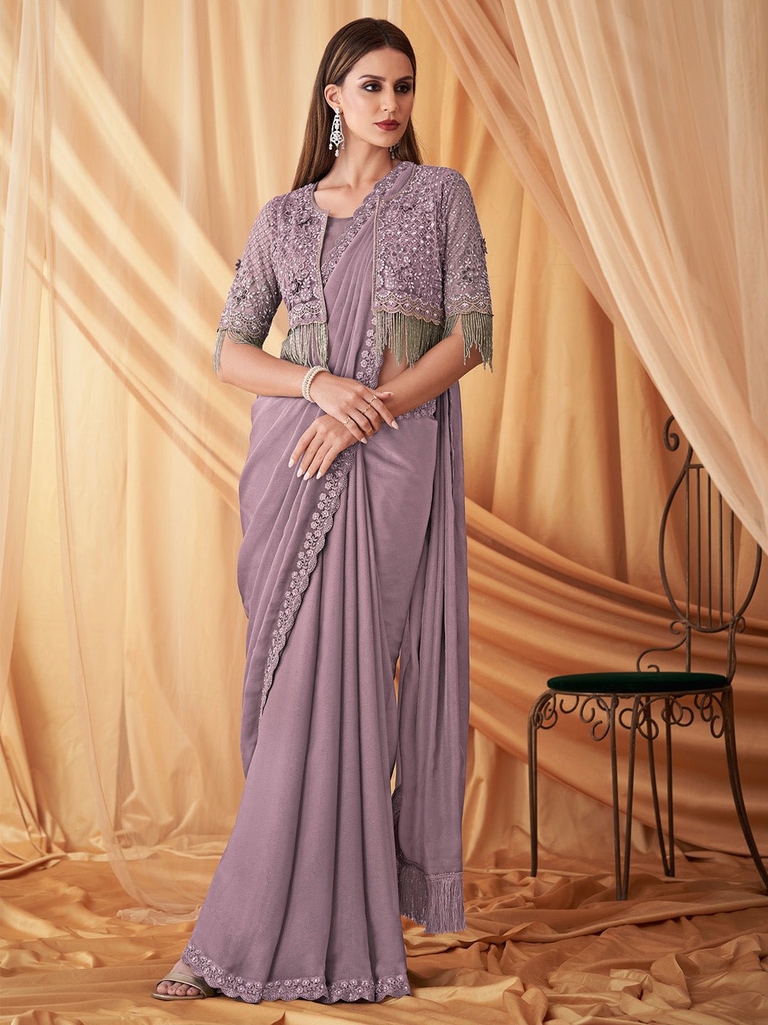 Mauve Georgette Emblished Party Wear Saree - Ressa