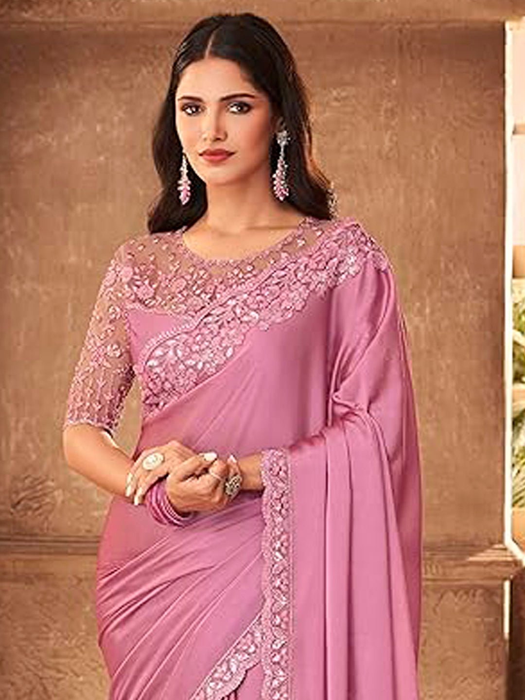 Mauve Georgette Emblished Party Wear Saree - Ressa