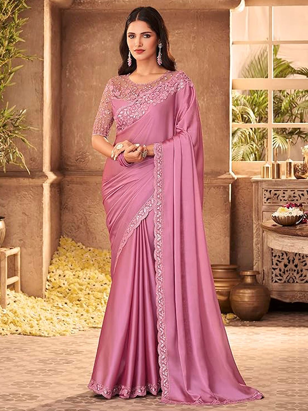 Mauve Georgette Emblished Party Wear Saree - Ressa
