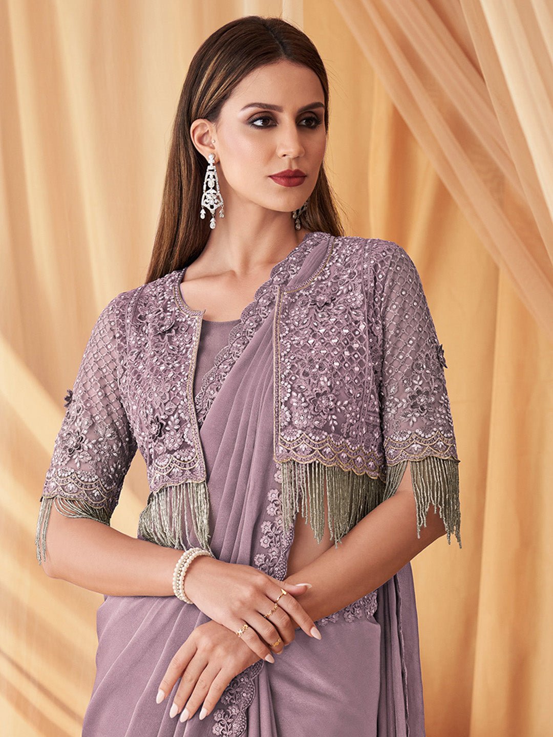 Mauve Georgette Emblished Party Wear Saree - Ressa