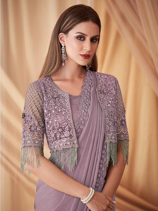 Mauve Georgette Emblished Party Wear Saree - Ressa