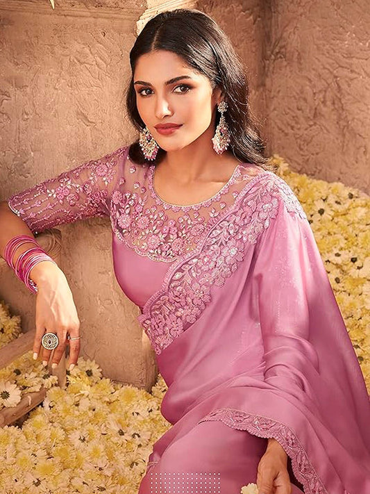 Mauve Georgette Emblished Party Wear Saree - Ressa