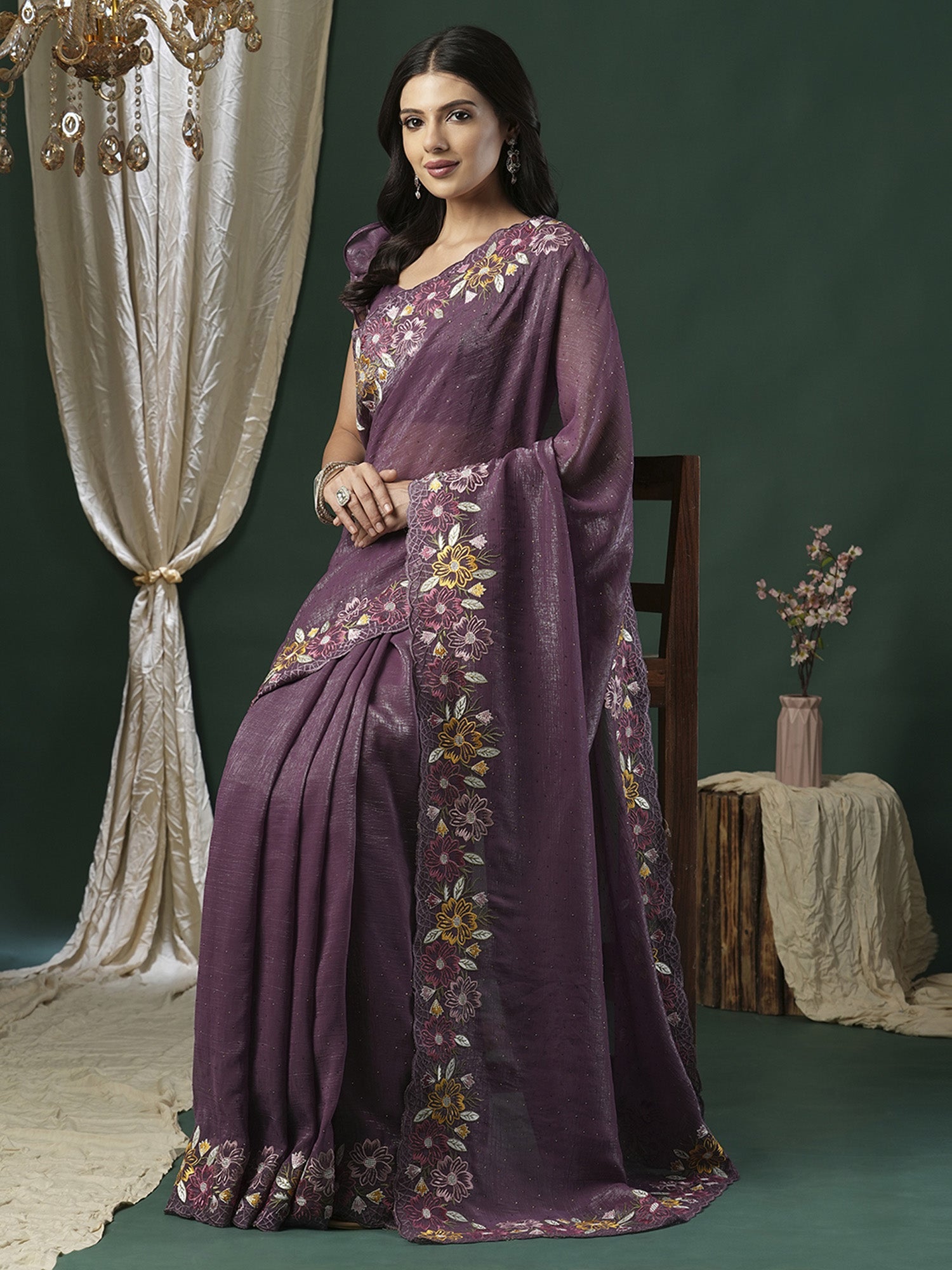 Mauve Georgette Multi-Color Embroidery Saree - Ressa