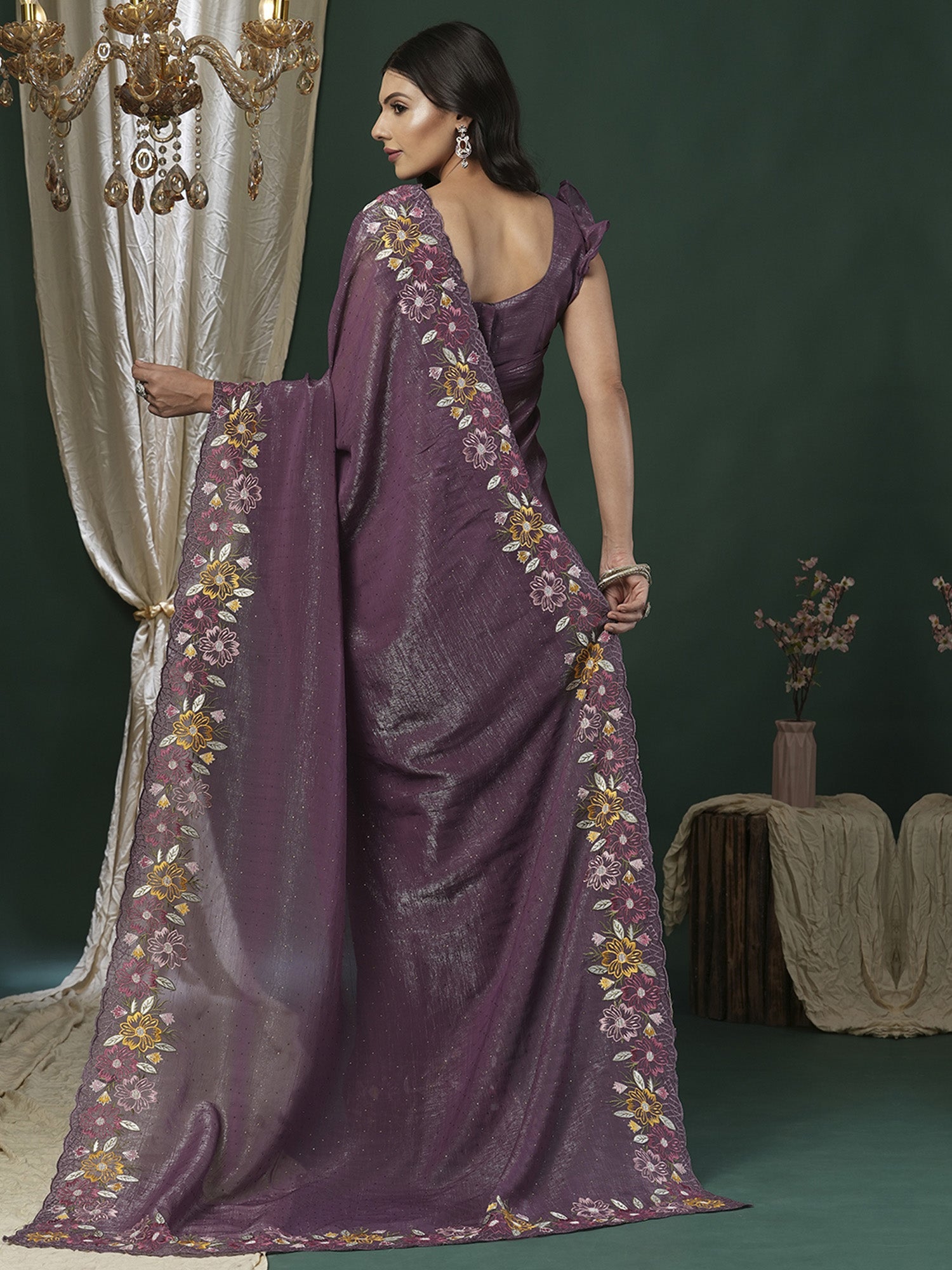 Mauve Georgette Multi-Color Embroidery Saree - Ressa