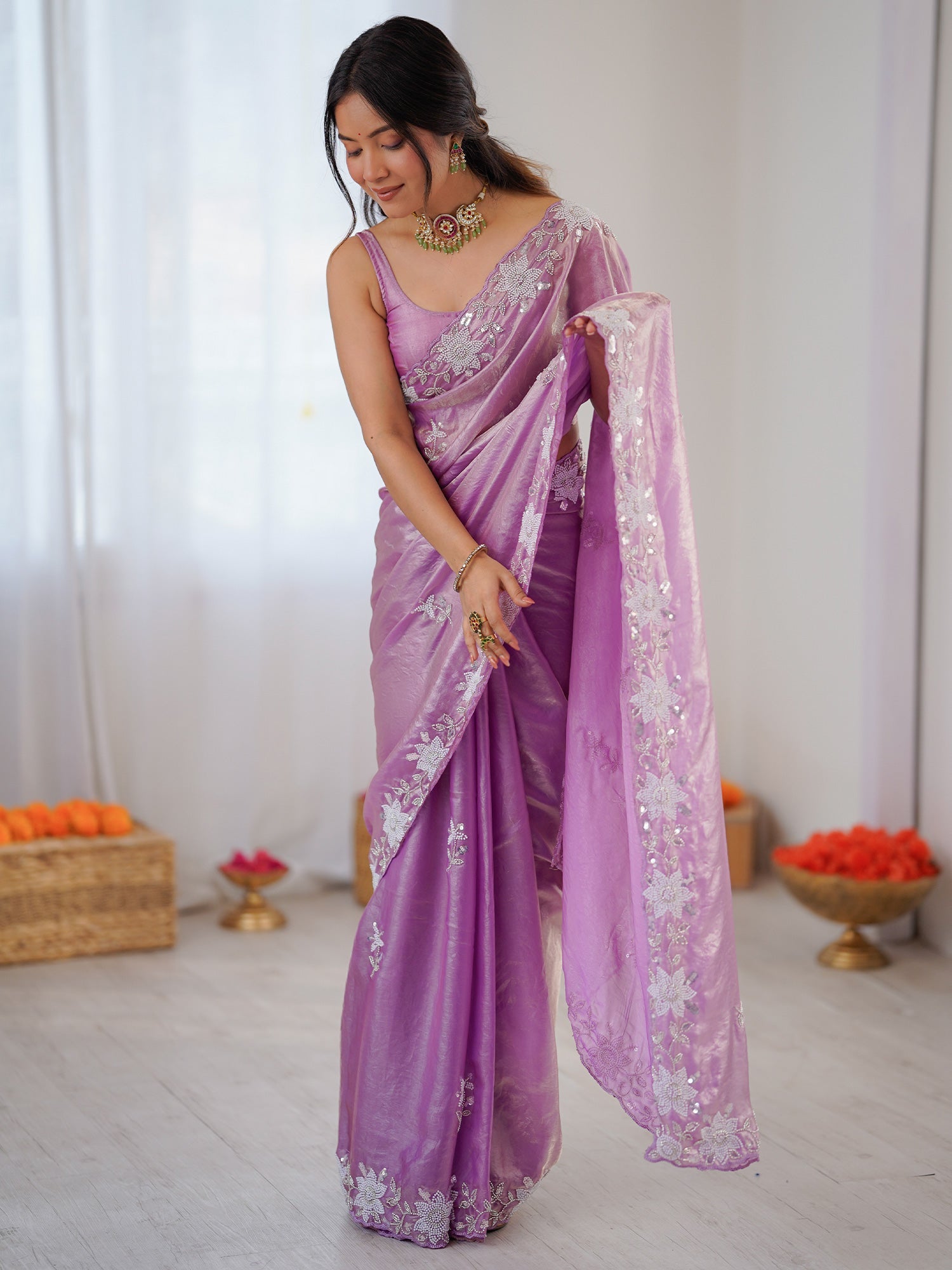 Mauve Metallic Tissue Silk Floral Embroidery - Ressa