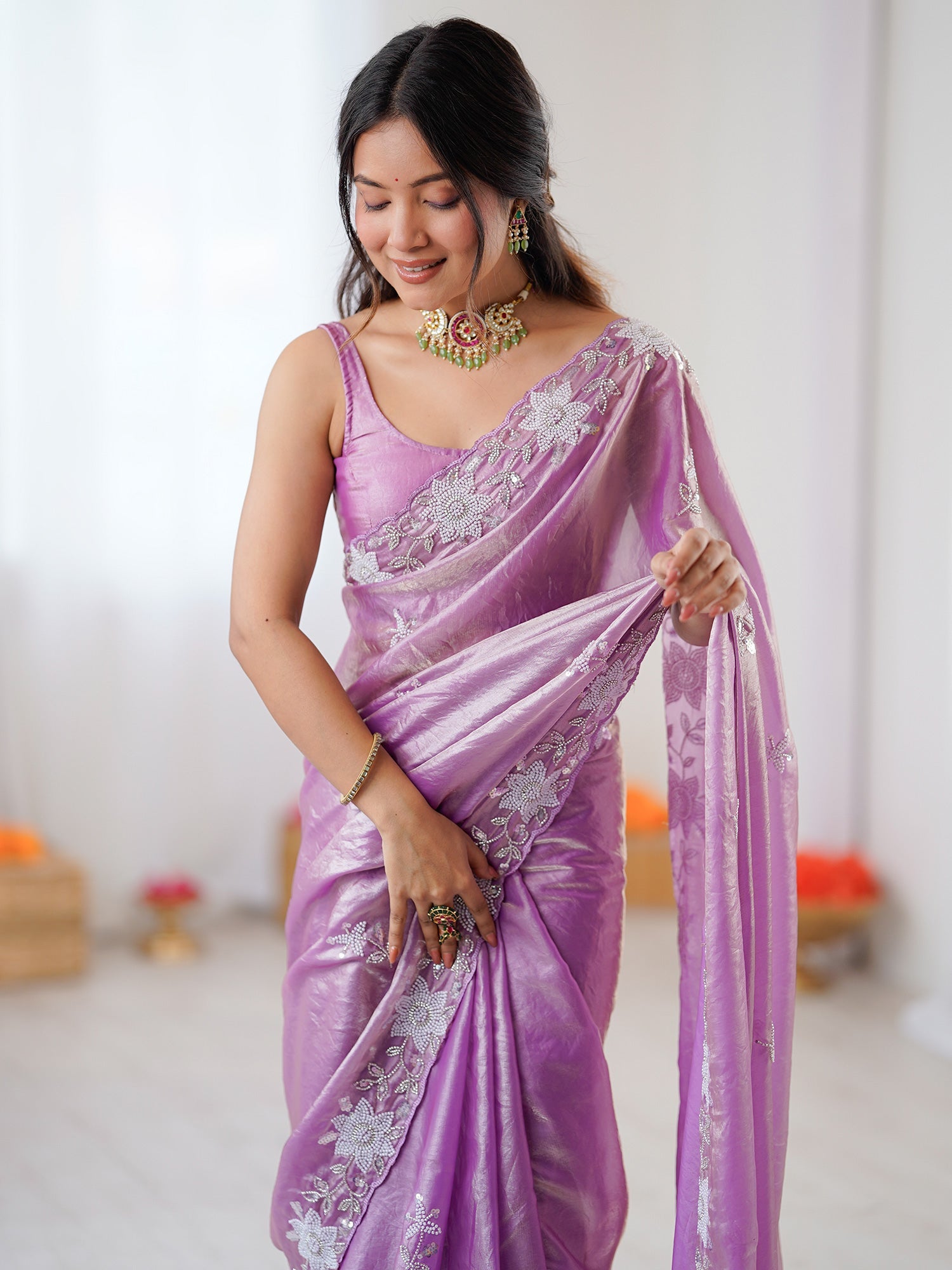 Mauve Metallic Tissue Silk Floral Embroidery - Ressa