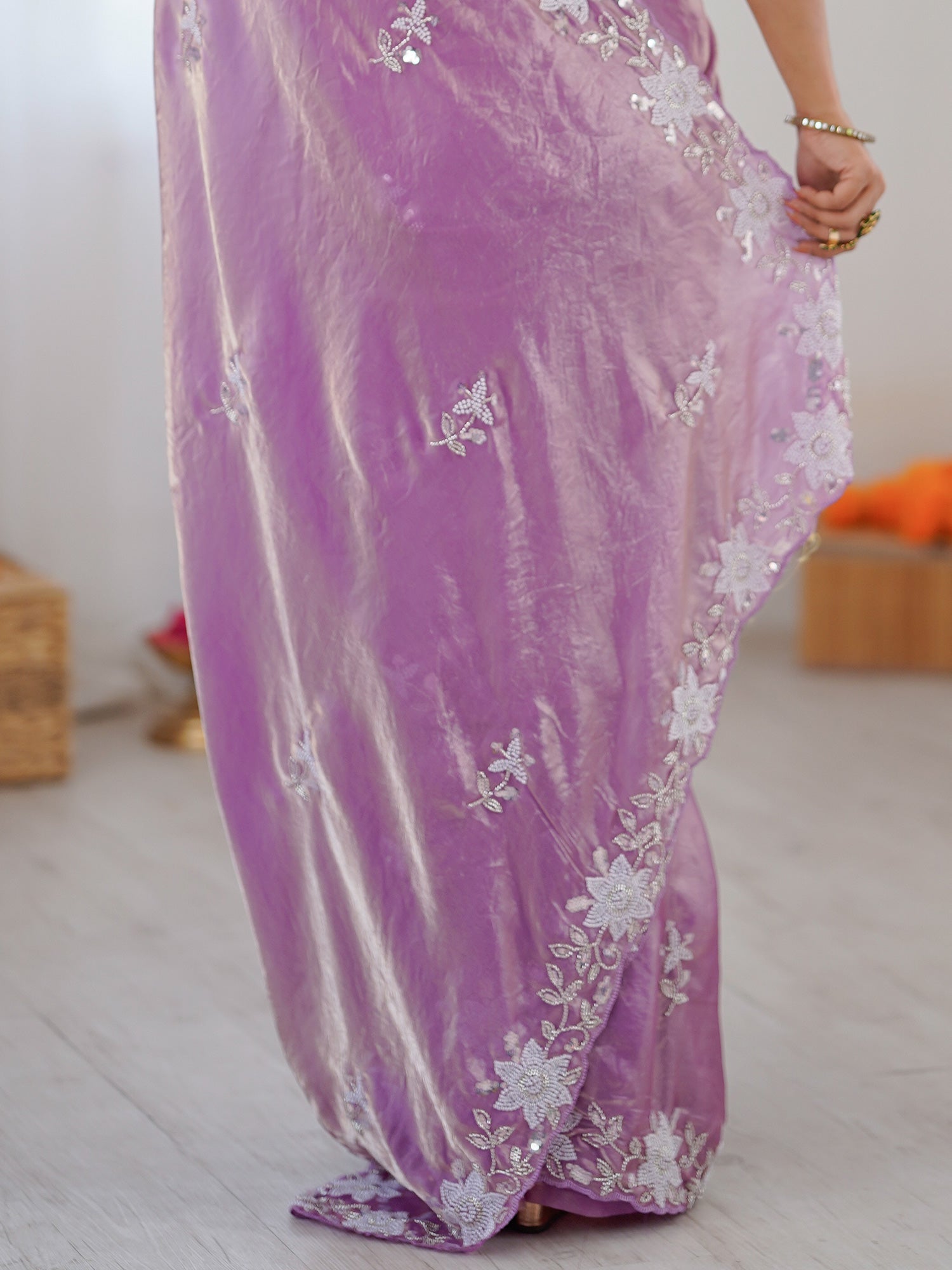 Mauve Metallic Tissue Silk Floral Embroidery - Ressa
