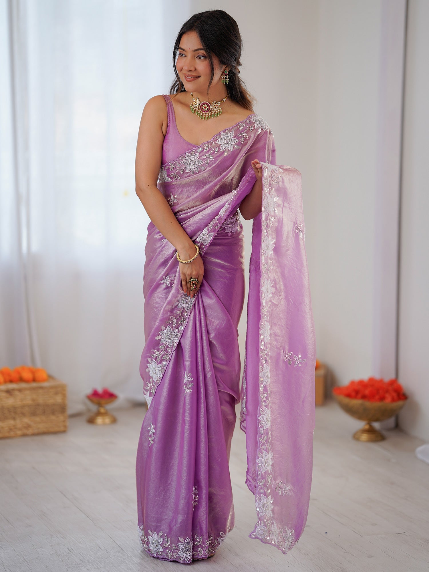 Mauve Metallic Tissue Silk Floral Embroidery - Ressa