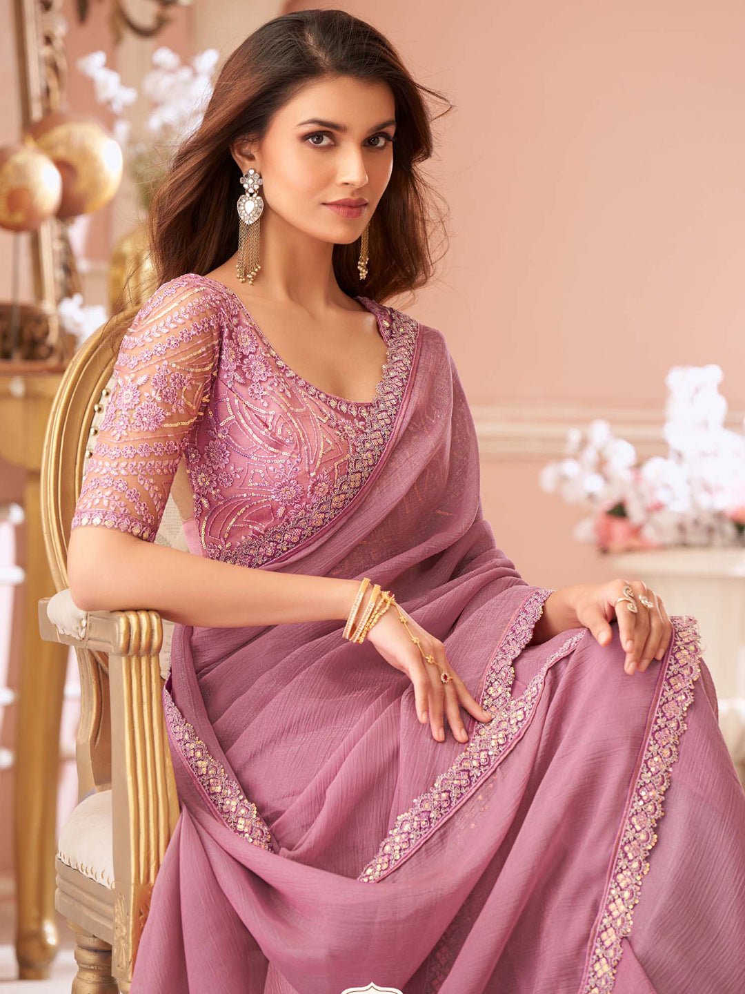 Mauve Pink Georgette Party Wear Saree - Ressa