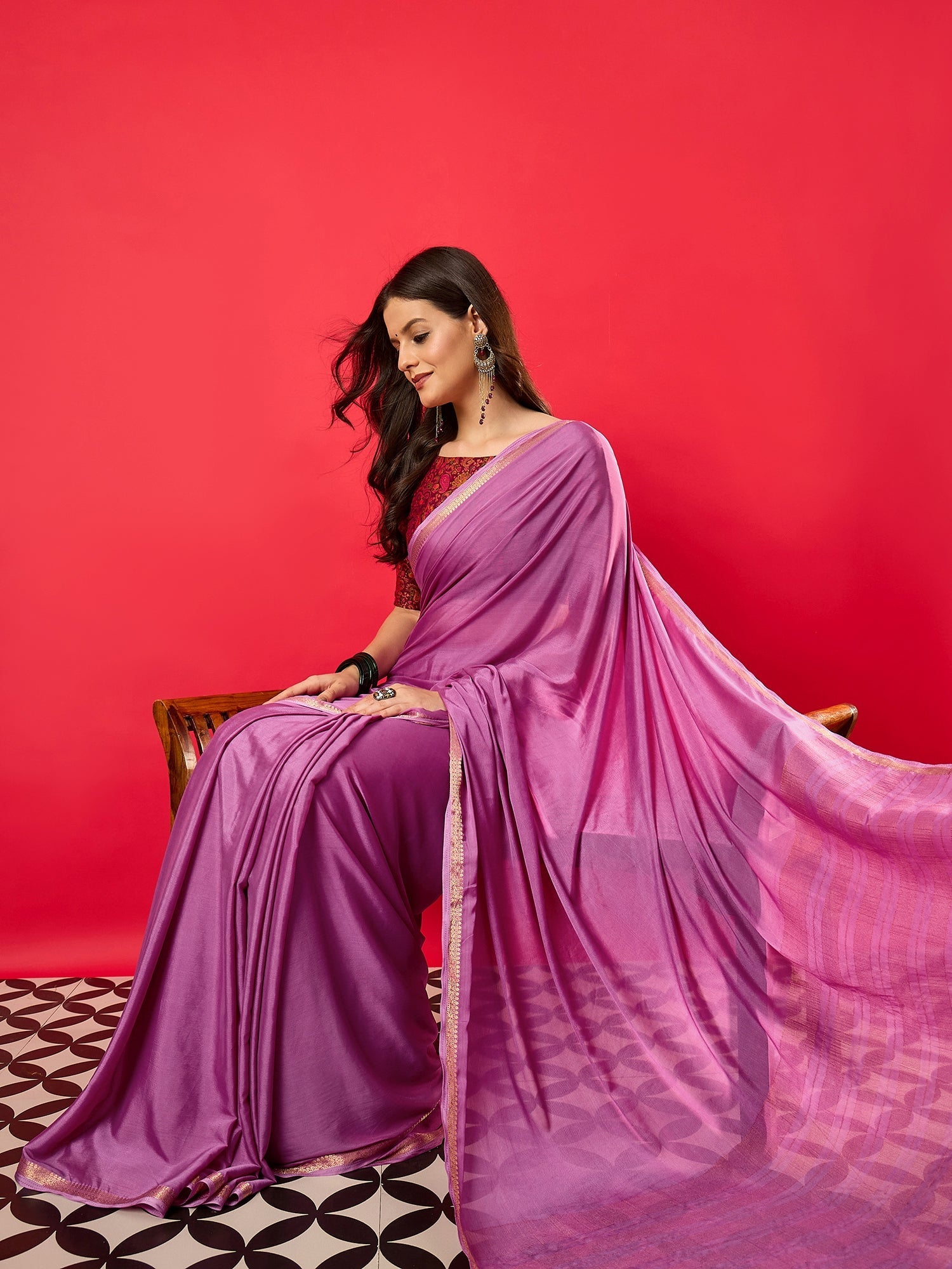 Mauve Pink Satin Silk Solid with Zari Border Blouse Saree - Ressa