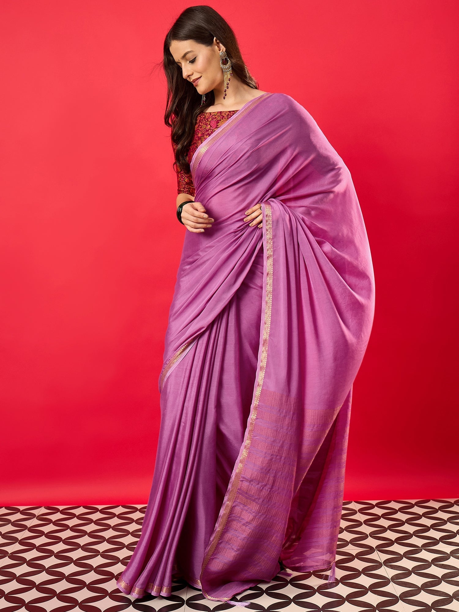 Mauve Pink Satin Silk Solid with Zari Border Blouse Saree - Ressa