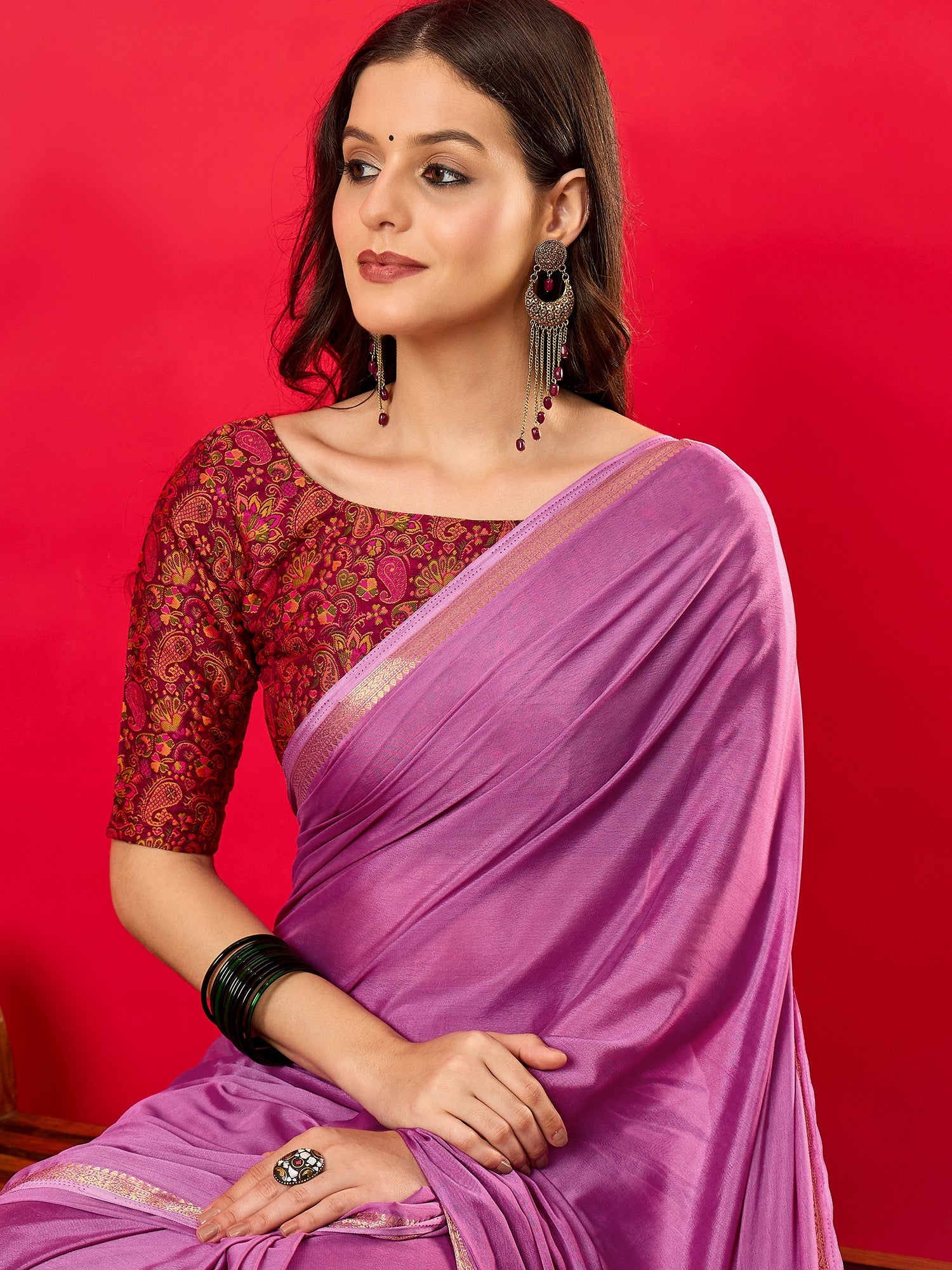 Mauve Pink Satin Silk Solid with Zari Border Blouse Saree - Ressa