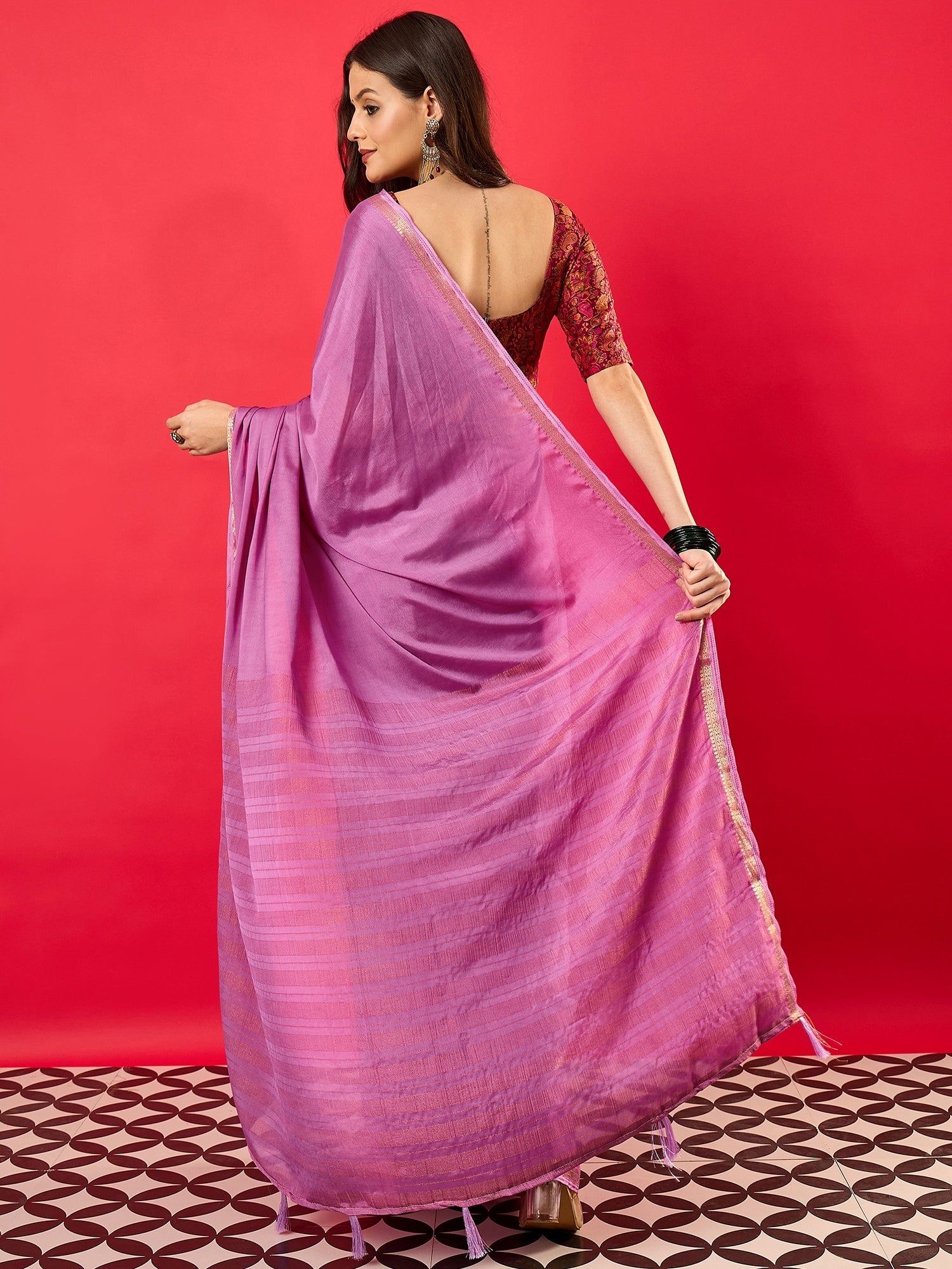Mauve Pink Satin Silk Solid with Zari Border Blouse Saree - Ressa