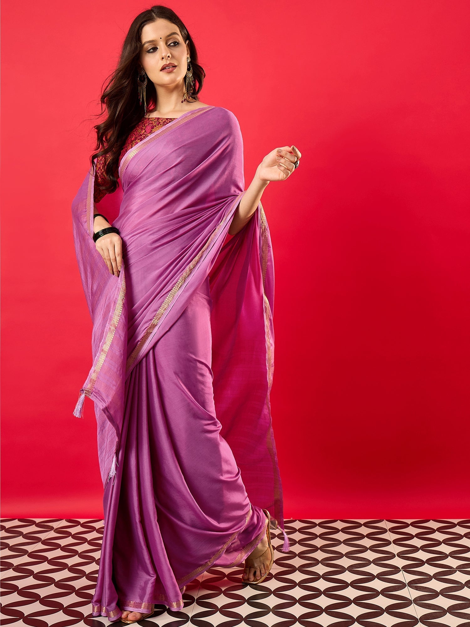 Mauve Pink Satin Silk Solid with Zari Border Blouse Saree - Ressa