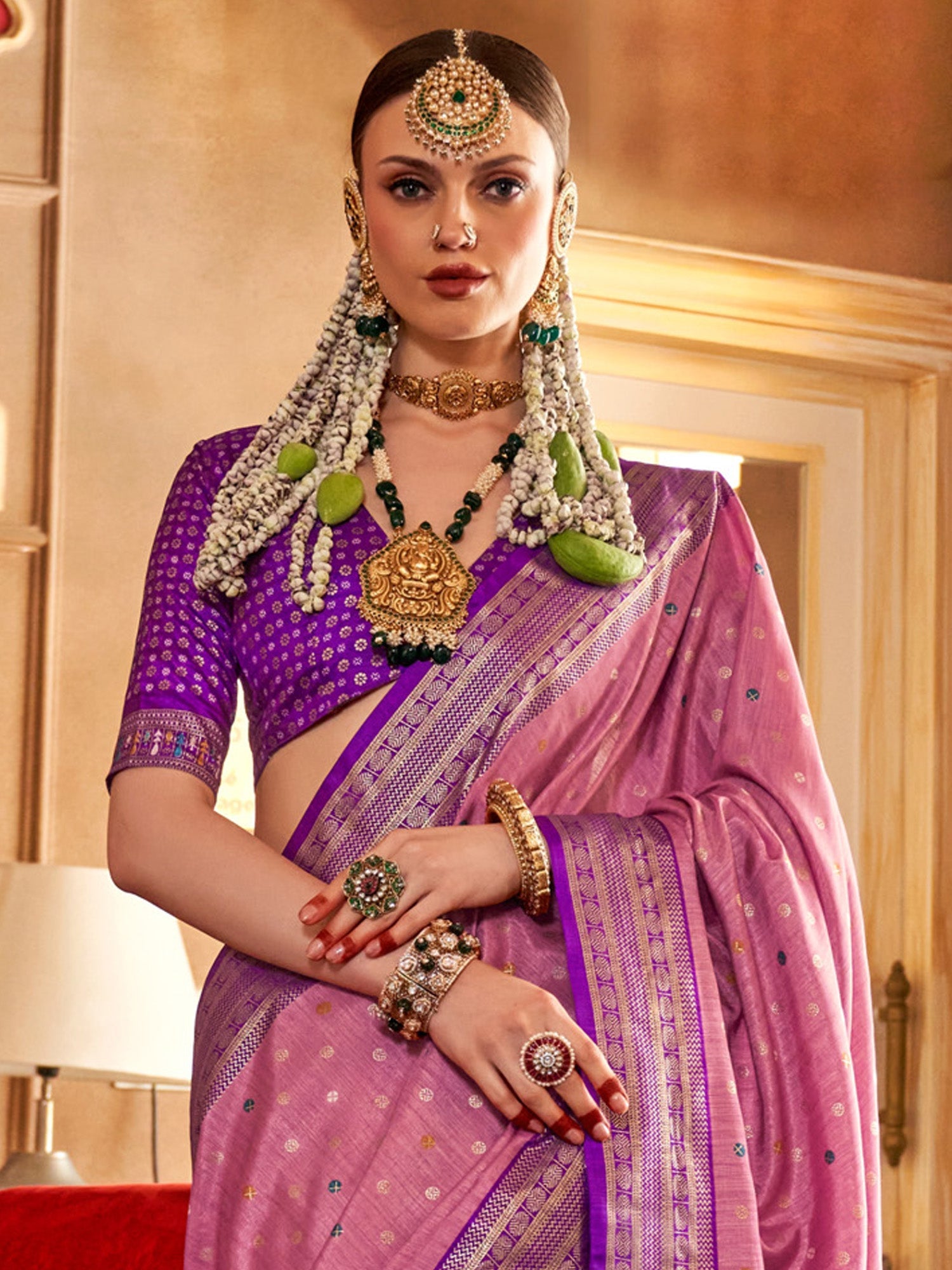 Mauve Pink Silk Blend Heritage Zari Weaving Saree - Ressa