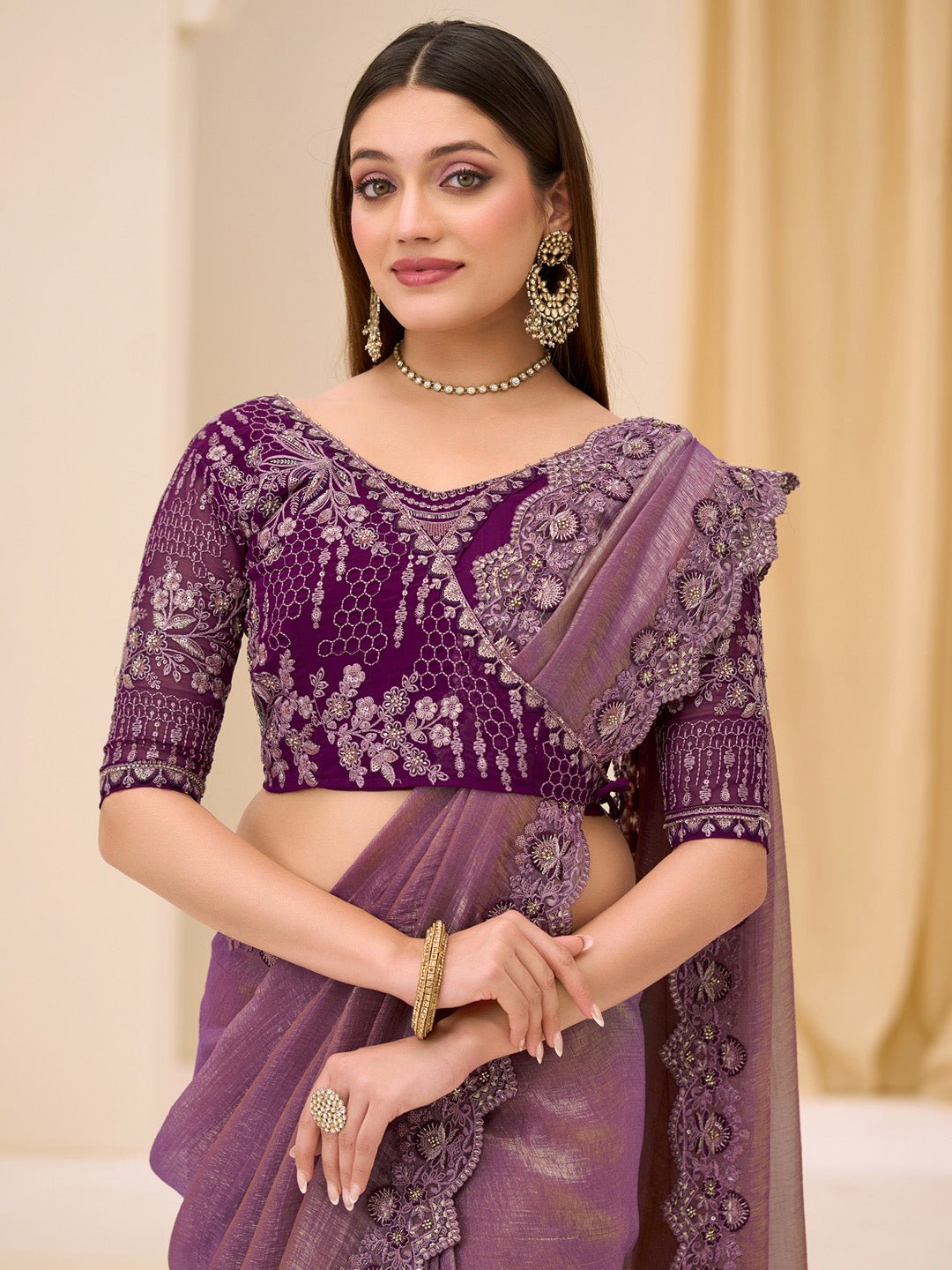 Mauve Purple Tissue Party Wear Saree - Ressa