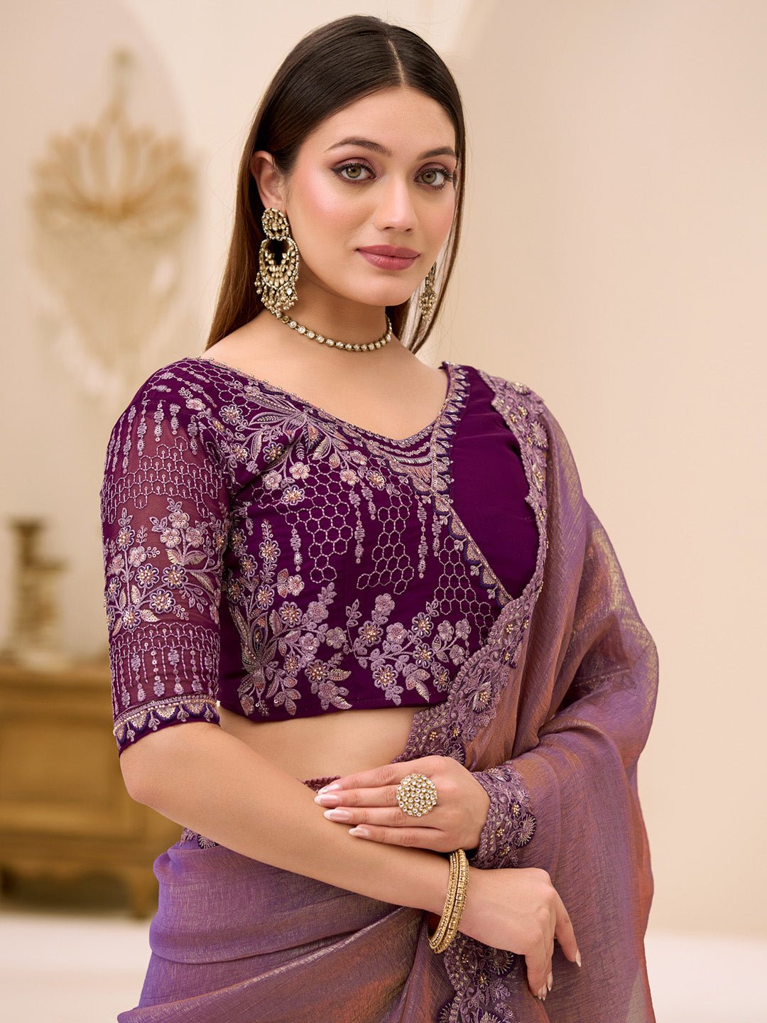 Mauve Purple Tissue Party Wear Saree - Ressa