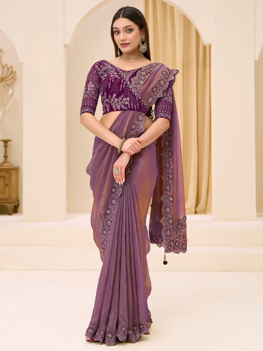 Mauve Purple Tissue Party Wear Saree - Ressa