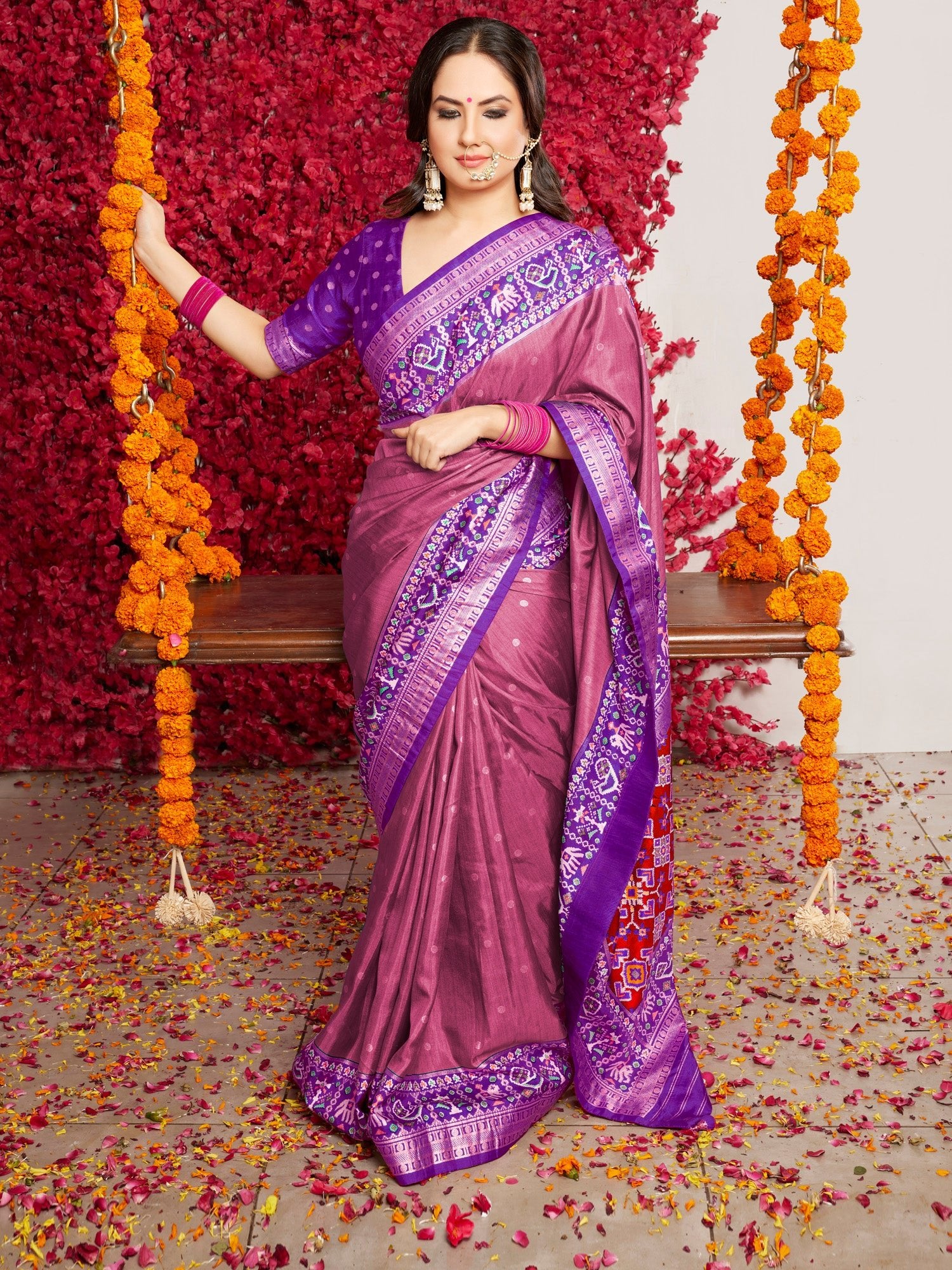 Mauve Silk Blend Ikkat Patola Printed Saree - Ressa