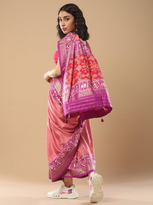 Mauve Silk Blend Patola Ethnic Motifs Zari Woven Design Pink Blouse Saree - Ressa