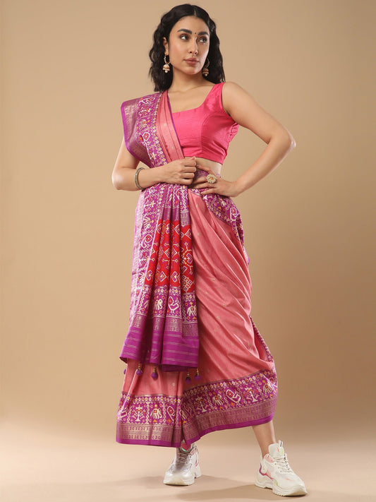 Mauve Silk Blend Patola Ethnic Motifs Zari Woven Design Pink Blouse Saree - Ressa