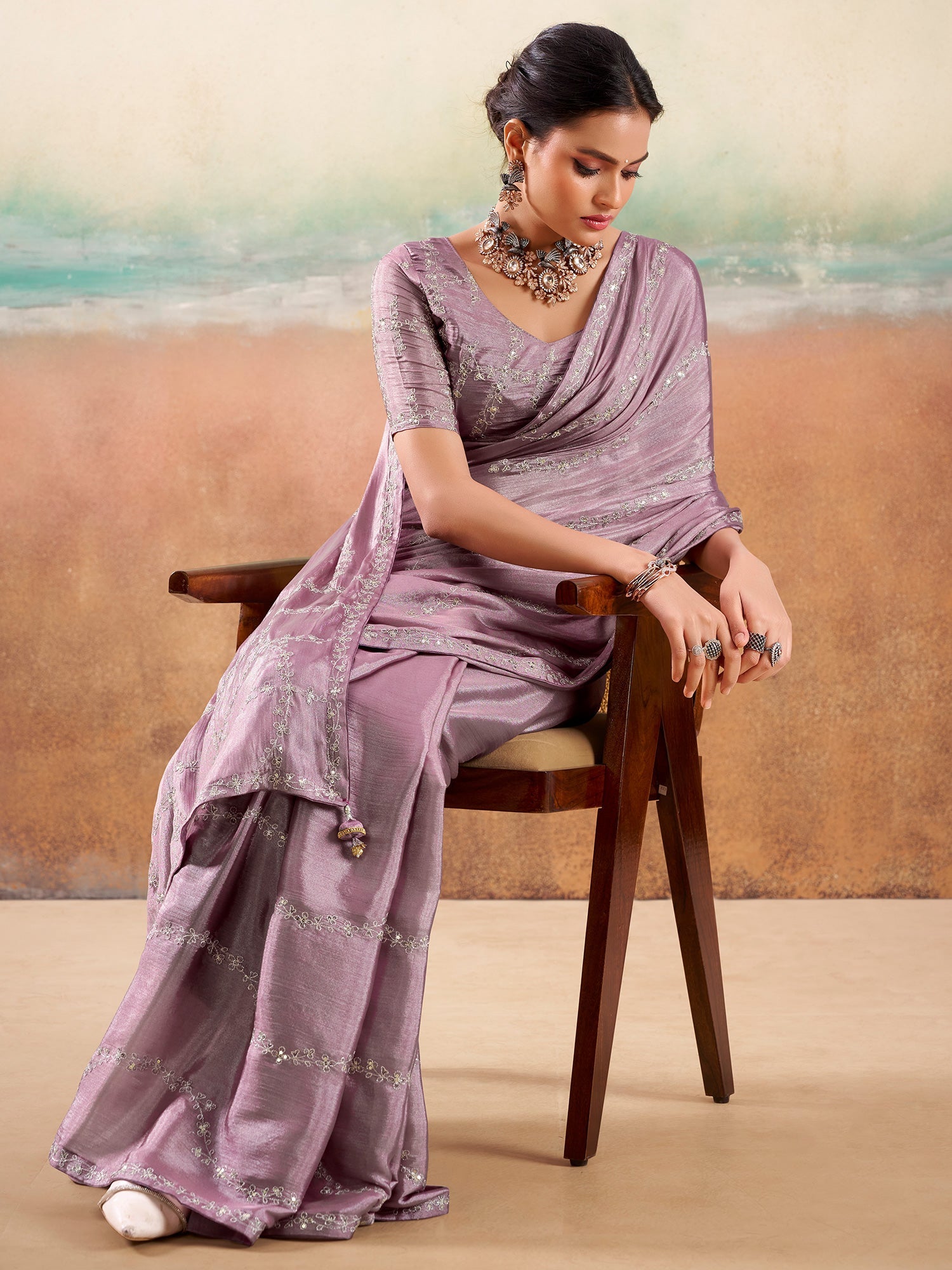 Mauve Silk Embroidered Saree with Blouse - Ressa