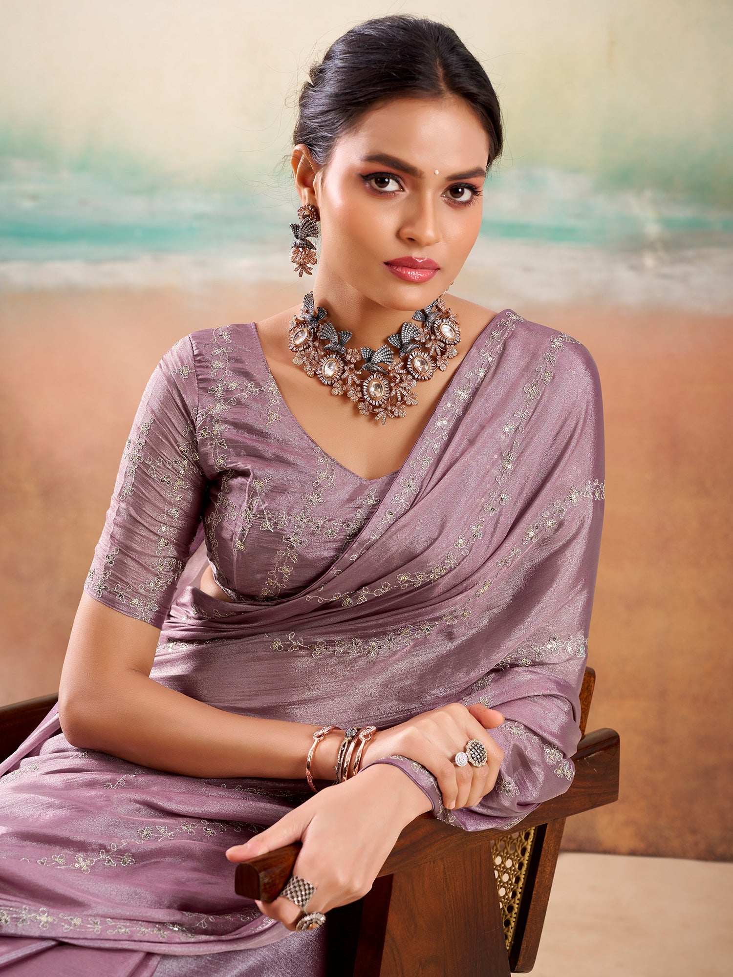 Mauve Silk Embroidered Saree with Blouse - Ressa