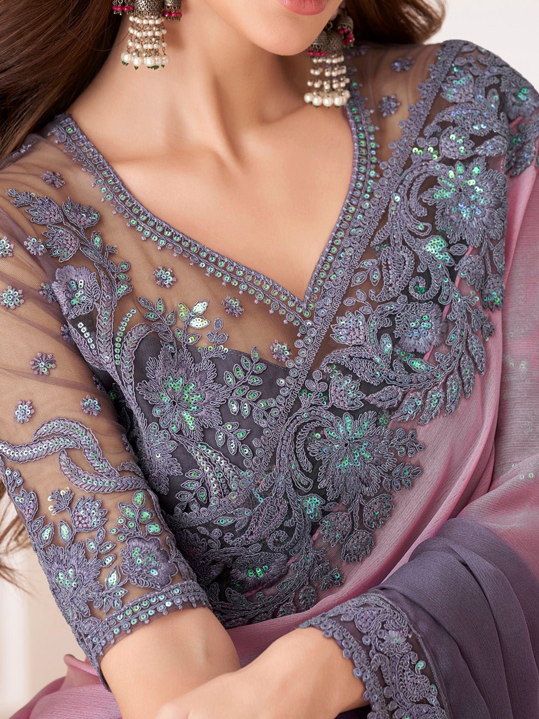 Mauve & Slate Grey Chiffon Saree - Ressa