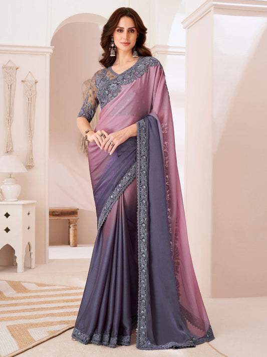 Mauve & Slate Grey Chiffon Saree - Ressa