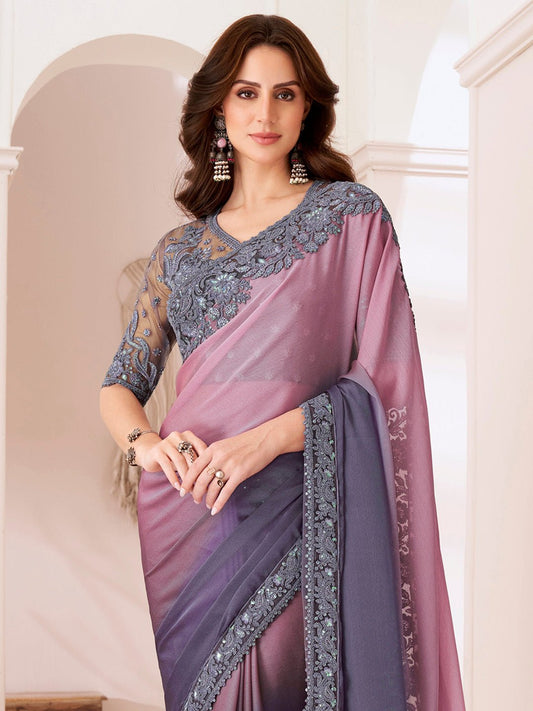 Mauve & Slate Grey Chiffon Saree - Ressa