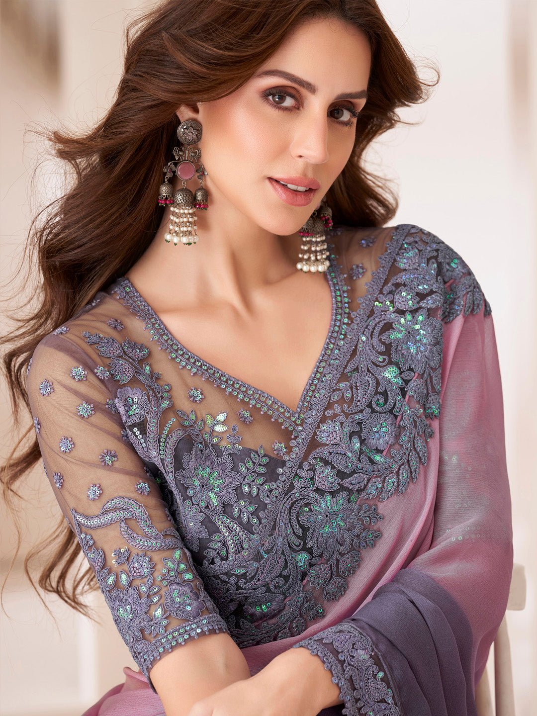 Mauve & Slate Grey Chiffon Saree - Ressa