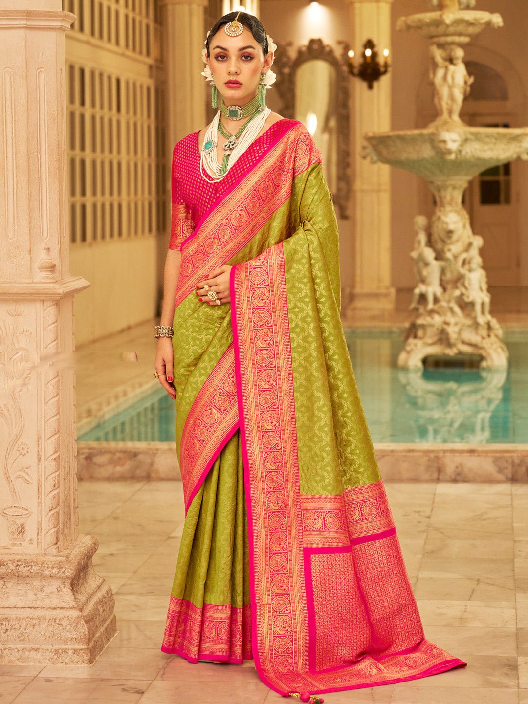 Mehendi Green &amp; Pink Silk Blend Banarasi Style Zari Woven saree - Ressa