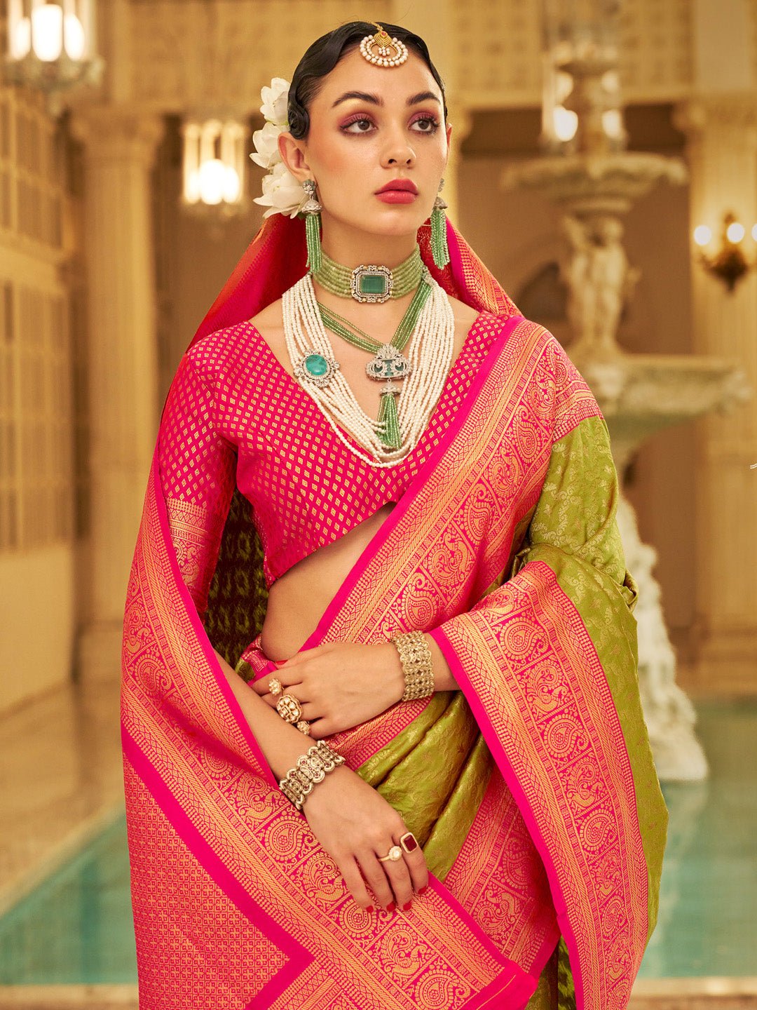 Mehendi Green &amp; Pink Silk Blend Banarasi Style Zari Woven saree - Ressa