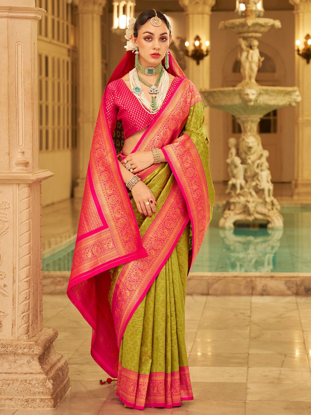 Mehendi Green &amp; Pink Silk Blend Banarasi Style Zari Woven saree - Ressa
