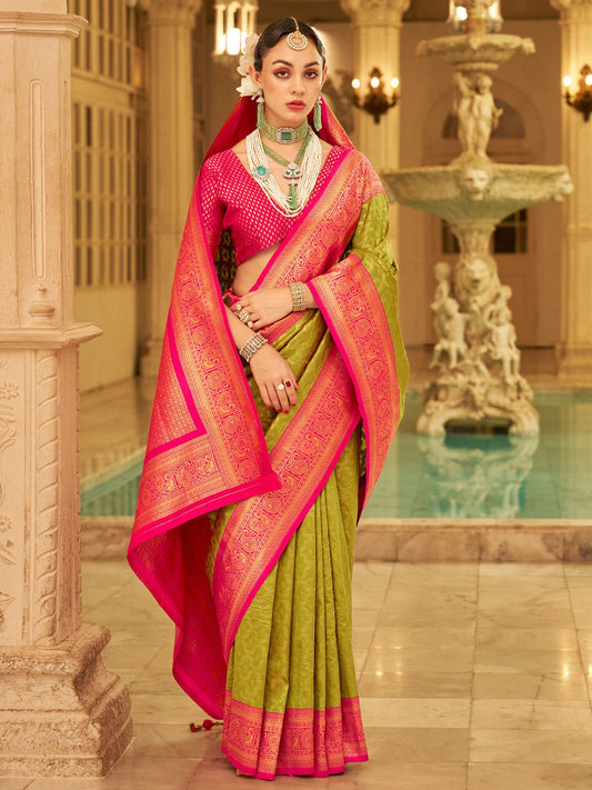Mehendi Green &amp; Pink Silk Blend Banarasi Style Zari Woven saree - Ressa