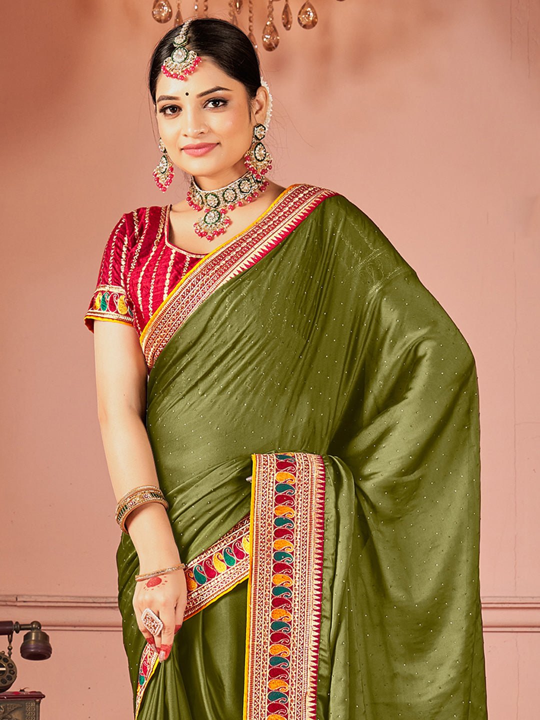 Mehendi Green georgette & Embroidered Border - Ressa